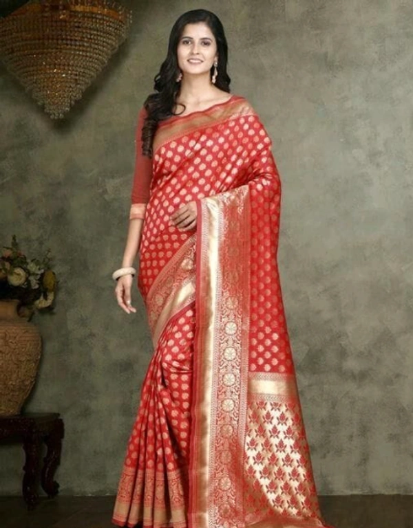 ABHISARIKA Banarasi Silk Red Color Golden Border Saree With Banarasi Silk Blouse Piece - Free Size, Red, Banarsi Silk, Pack of1